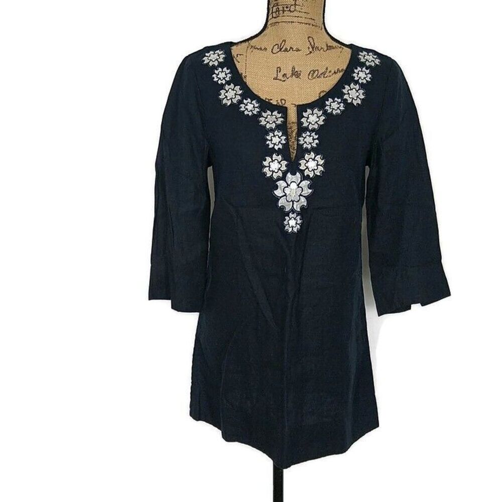 J Crew Womens sz 4 Tunic Dress Blue White‎ Floral Trim 100% Linen 3/4 Sleeve